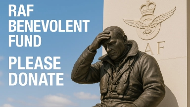 RAF airman statue at Bomber Command Memorial with RAF Benevolent Fund donation appeal text over blue sky background