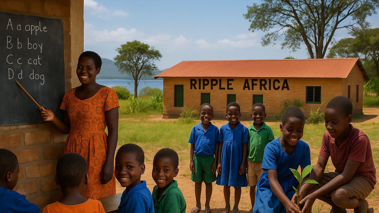 kids and teacher outside in Africa with black teaching board