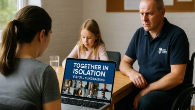 man, woman, and child around table with a laptop