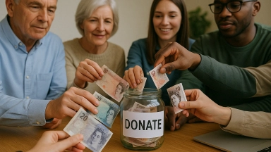 group of people donating money into a collection jar