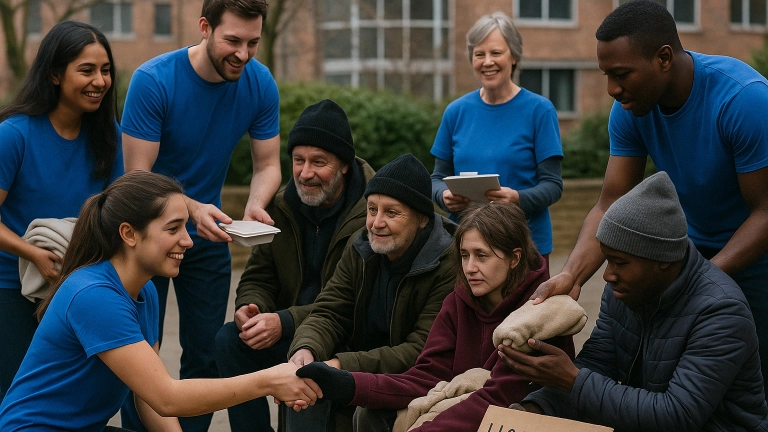 Volunteers helping homeless PEOPLE SITTING ON THE CURB