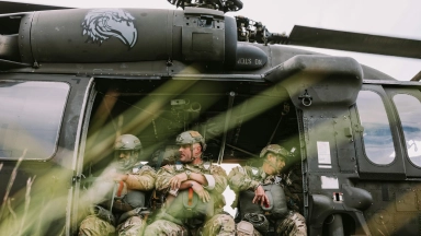 Low Angle Shot of Soldiers Sitting in a Helicopter