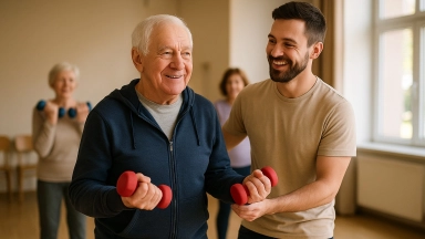OLD MEN HOLDING WEIGHTS WITH A YOUNG COACH